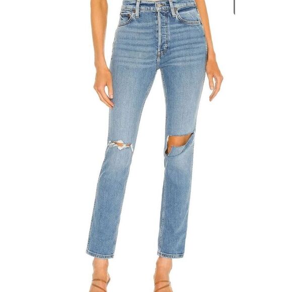 Re/Done Originals 80s Slim Straight Brisk Blue With Rips Women's Size 31 - Picture 1 of 5